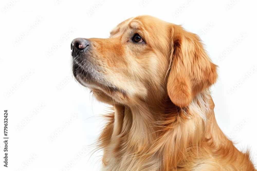 Photo of a cute Golden retriever on white background