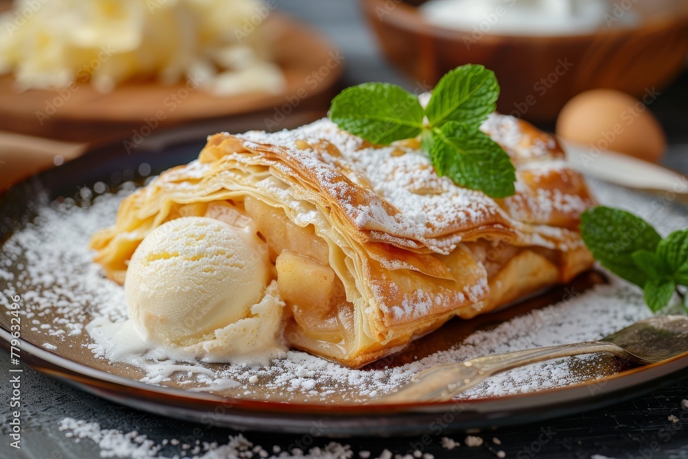 Photo of apple strudel with ice cream powdered sugar and mint Photo of apple strudel with ice cream powdered sugar and mint