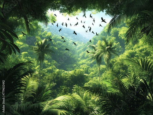 A lush green jungle with a large number of birds flying through the trees. The birds are scattered throughout the scene  with some flying higher and others closer to the ground