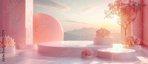 3D podium for a pastel product reveal, where dawn's light caresses geometric forms photo