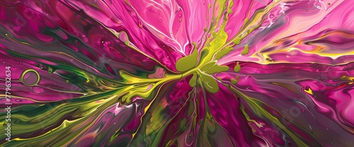 Vivid bursts of magenta and lime green weave together, forming a lively dance on a canvas of radiant liquid hues."