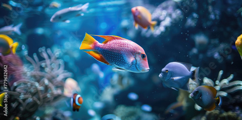 A group of beautiful fish swimming in the blue sea