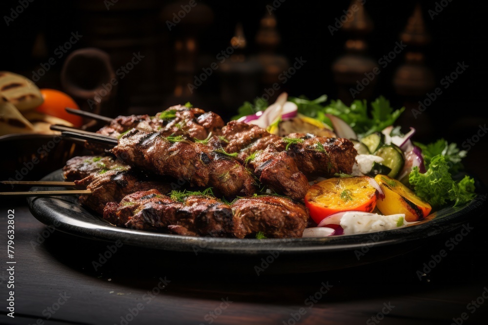 Exquisite kebab on a rustic plate against a dark background