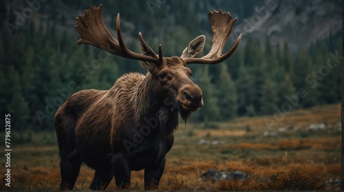 a moose in beautiful dramatic mountain landscape background from Generative AI © SevenThreeSky