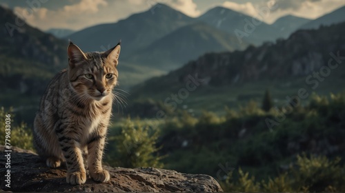 a wildcat in beautiful dramatic mountain landscape background from Generative AI