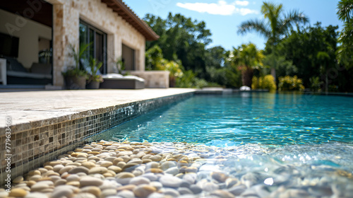 A vibrant close-up of the edge of an infinity pool, showing off the intricate tiles and glistening water under the sun's glare