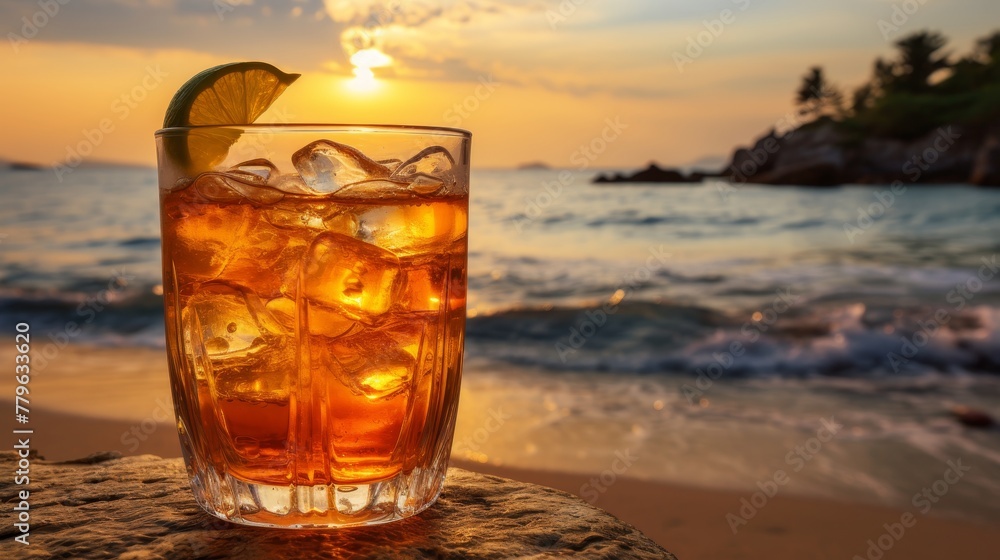 Refreshing ice tea on beach at sunset, offering serene views with ample copy space for text Refreshing ice tea on beach at sunset, offering serene views with ample copy space for text