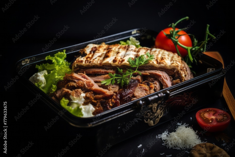 Tempting doner kebab in a bento box against a dark background Tempting doner kebab in a bento box against a dark background