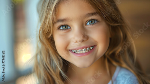  Portrait of a happy smile of a little girl with healthy white teeth with metal braces. Pediatric dentistry concept
