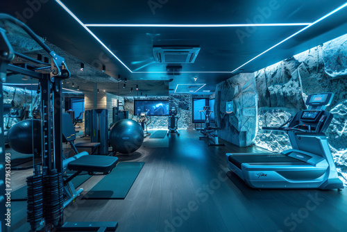 Modern fitness center with gym equipment decoration.