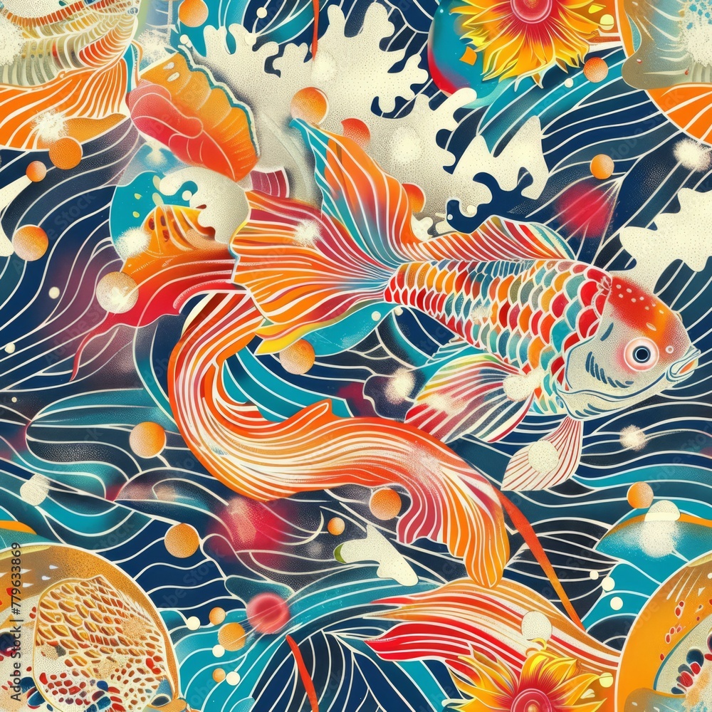 Seamless modern pattern of illustration of a fish swimming among vibrant vintage background.	

