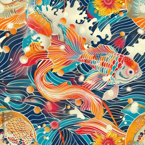 Seamless modern pattern of illustration of a fish swimming among vibrant vintage background. © mshynkarchuk