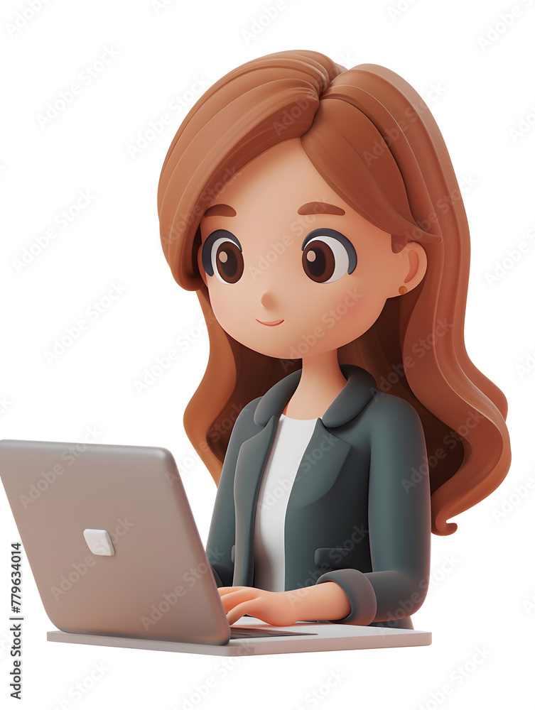 3D cartoon woman working with laptop isolated on white background 3D cartoon woman working with laptop isolated on white background