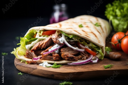 Exquisite doner kebab on a slate plate against a whitewashed wood background