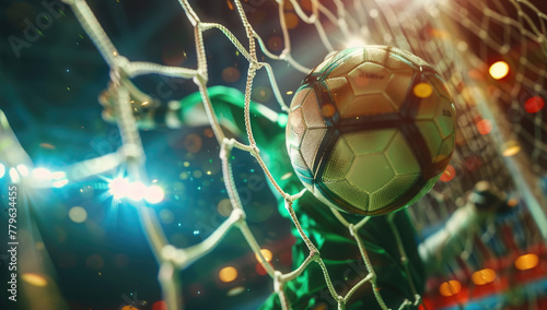 Closeup of a soccer ball in a goal, with a football player in the background celebrating a goal in a green uniform, focusing on the sport equipment and stadium lights