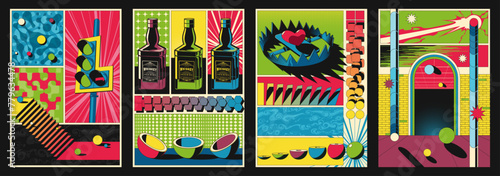 Abstract Posters Template Set. Traffic Light, Stairs, Whiskey Bottles, Trap, Heart, Portal, Brick Wall, Geometric Shapes, Colorful Background 