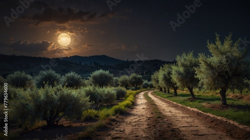 olive farm night landscape with walkway path beautiful panoramic nature background from Generative AI