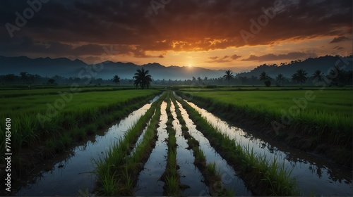 rice field night landscape with walkway path beautiful panoramic nature background from Generative AI