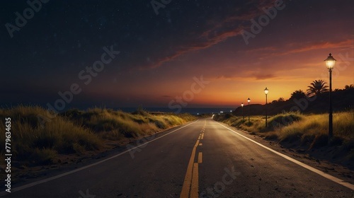 road to beach night landscape with walkway path beautiful panoramic nature background from Generative AI
