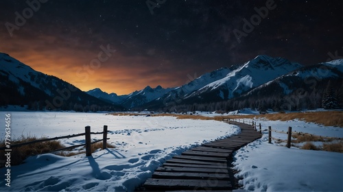 snow winter mountain night landscape with walkway path beautiful panoramic nature background from Generative AI