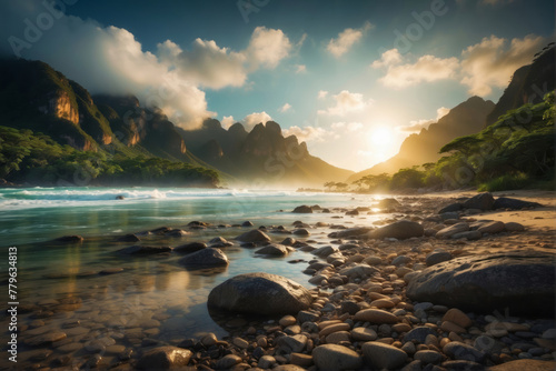 Beautiful sunrise with river and mountain and Brazilian amazon rainforest, natural landscape background
