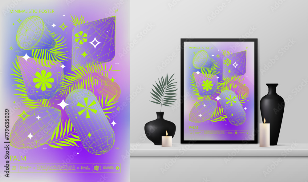 Vector gradient minimalistic rave Poster with strange wireframes ...