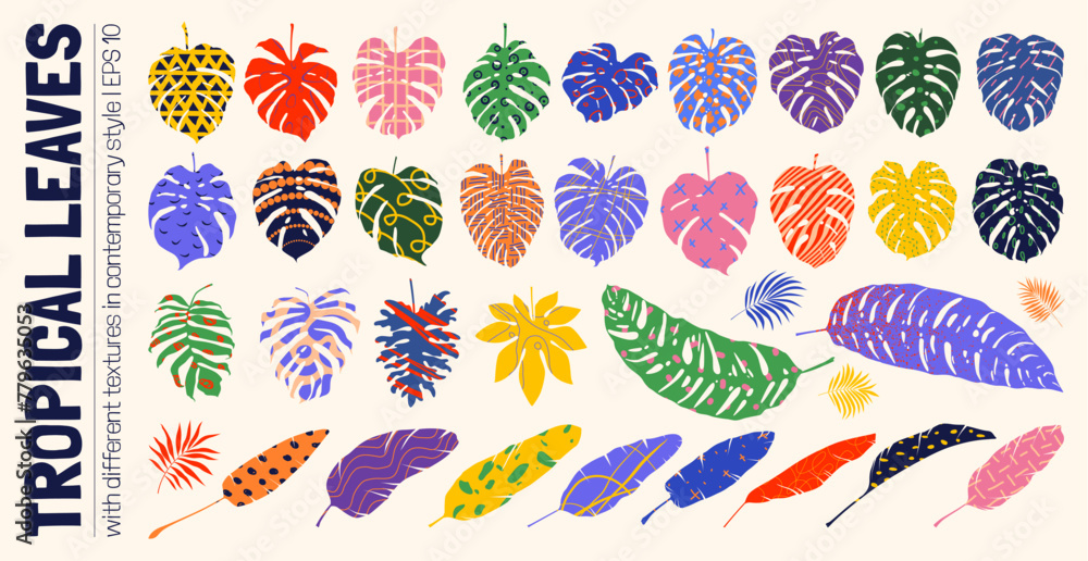 Set minimalistic naive unusual tropical leaves in matisse art style, Hand drawn silhouettes jungle plants branches with different textures, Botanical vector assets collection graphic bizarre elements