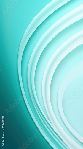 Teal background, smooth white lines, radians swirl round circle pattern backdrop with copy space for design photo or text