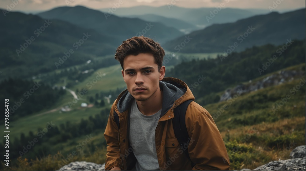 a young man portrait on top of a mountain with landscape cloudy view looking at camera from Generative AI