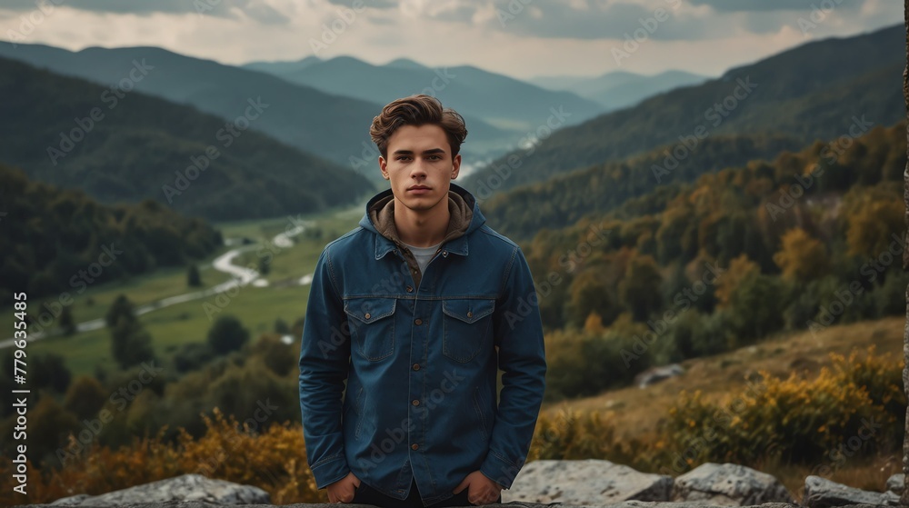 a young man portrait on top of a mountain with landscape cloudy view looking at camera from Generative AI
