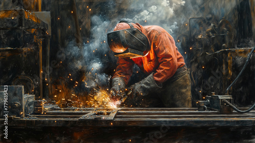 A man in a red jacket is working with a piece of metal photo