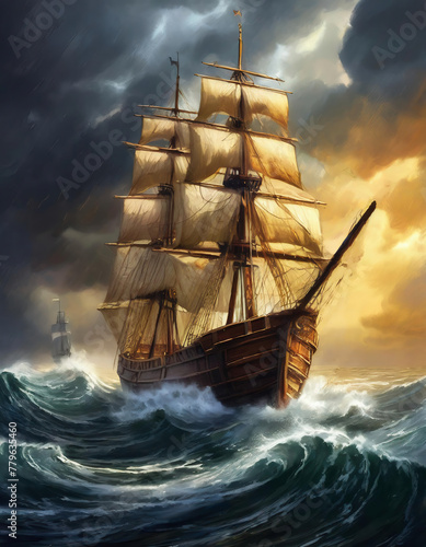17th century Sailing ship in stormy sea in the evening sunset with clouds photo