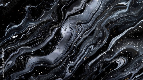 Midnight black and silver metallic streaks converge, forming a sleek and futuristic abstract composition with a touch of cosmic allure.