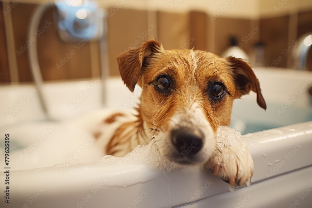 Jack Russell dog bathing in a tub