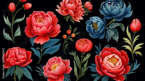 Wallpaper Mural Vintage peony embroidered seamless patterns for fabric printing, crafts, and creative diy projects Torontodigital.ca