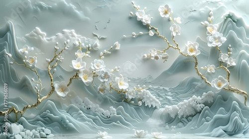 Green white gold carved traditional landscape scene poster background