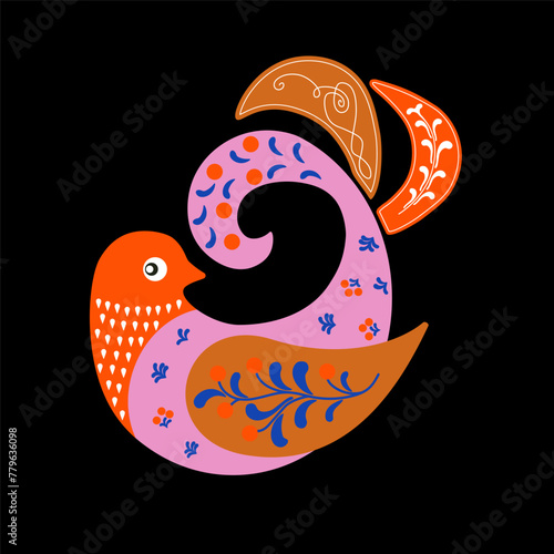 Cute colorful bird with folk ornaments. Ethnic bird with ornamental patterns and flowers,  vector Illustration. Scandinavian style greeting card or invitation