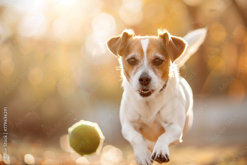 Jack russell terrier plays ball outside in the sun