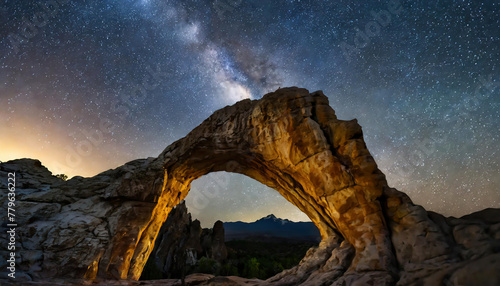 Milky Way seen through a unique rock arch formation under night sky