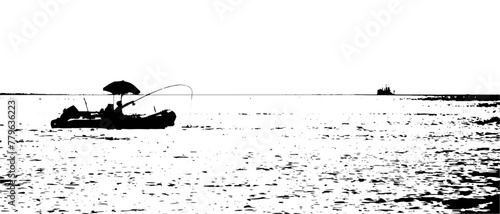 Vettoriale di un pescatore sul gommone con la canna da pesca piegata