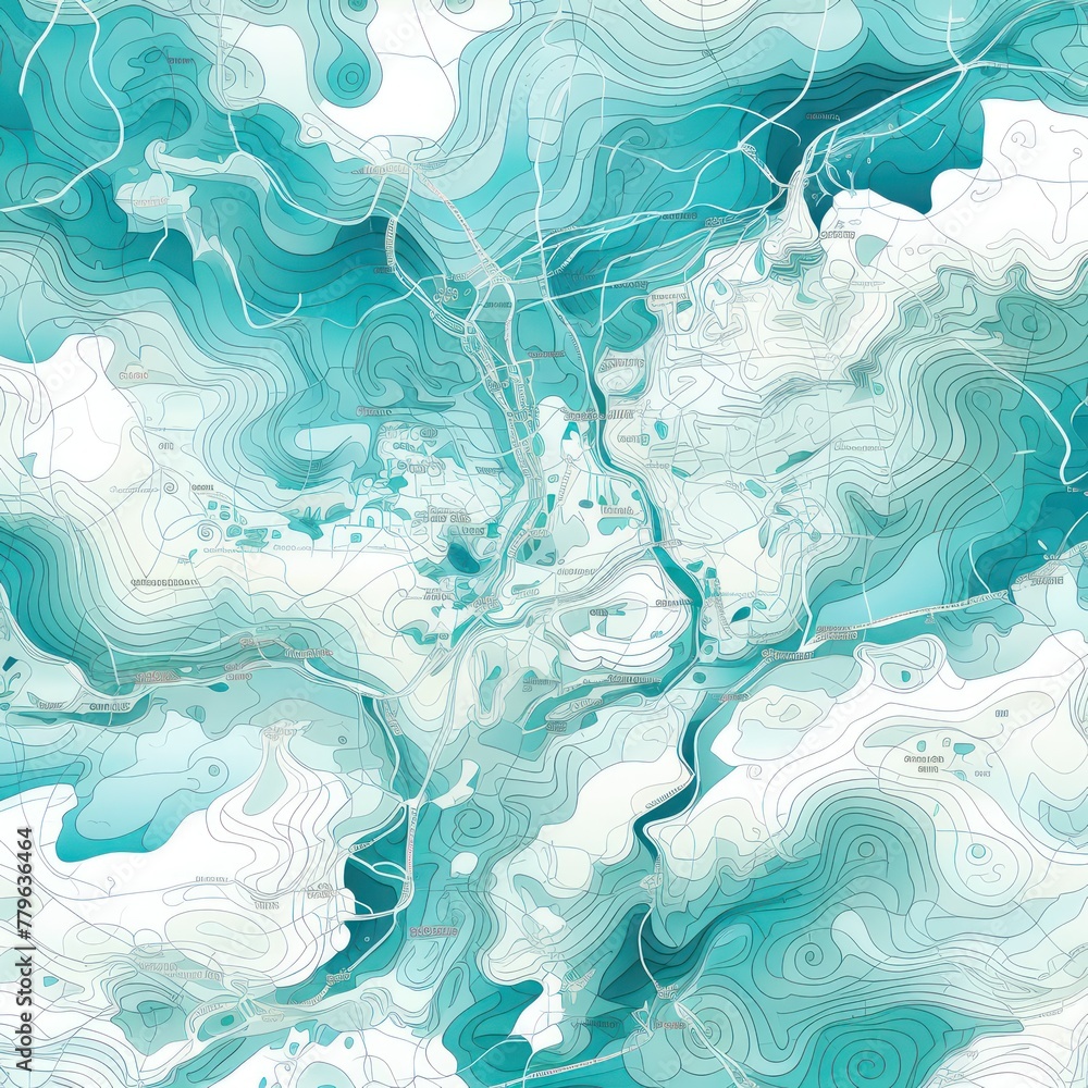Turquoise and white pattern with a Turquoise background map lines sigths and pattern with topography sights in a city backdrop