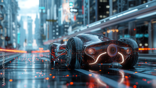 A futuristic car is driving down a wet road with neon lights