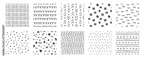 Doodle seamless patterns collection. Black and white minimalist modern background. Freehand squiggles ink texture. Simple monochrome pattern of scribble shapes and lines