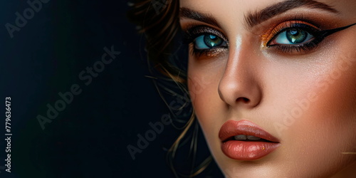 stunning model with smoky eye makeup and bold eyeliner, creating a captivating cosmetic concept against a dark background with copy space. Generative AI