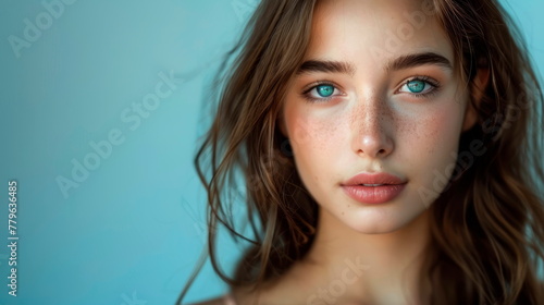 Serene studio portrait of a young beauty with a fresh, no-makeup look, exuding confidence and authenticity. Generative AI