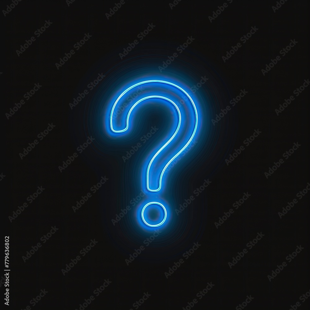 A glowing blue question mark in electric blue neon font on a dark background A glowing blue question mark in electric blue neon font on a dark background