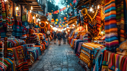 A street market, with colorful stalls lining the pavement as the background, during a vibrant cultural event photo