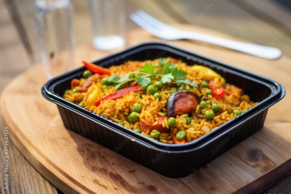 Tasty paella in a bento box against a whitewashed wood background