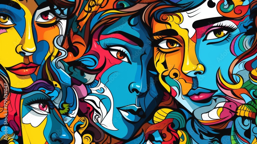 Abstract black and white faces collage with colorful elements, psychology and stress concept
