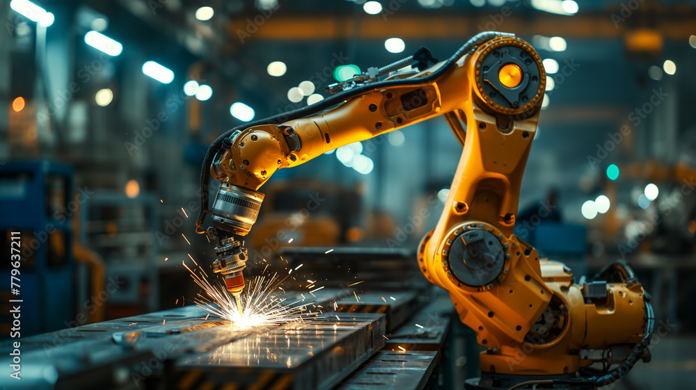 A robot is working on a piece of metal in a factory A robot is working on a piece of metal in a factory